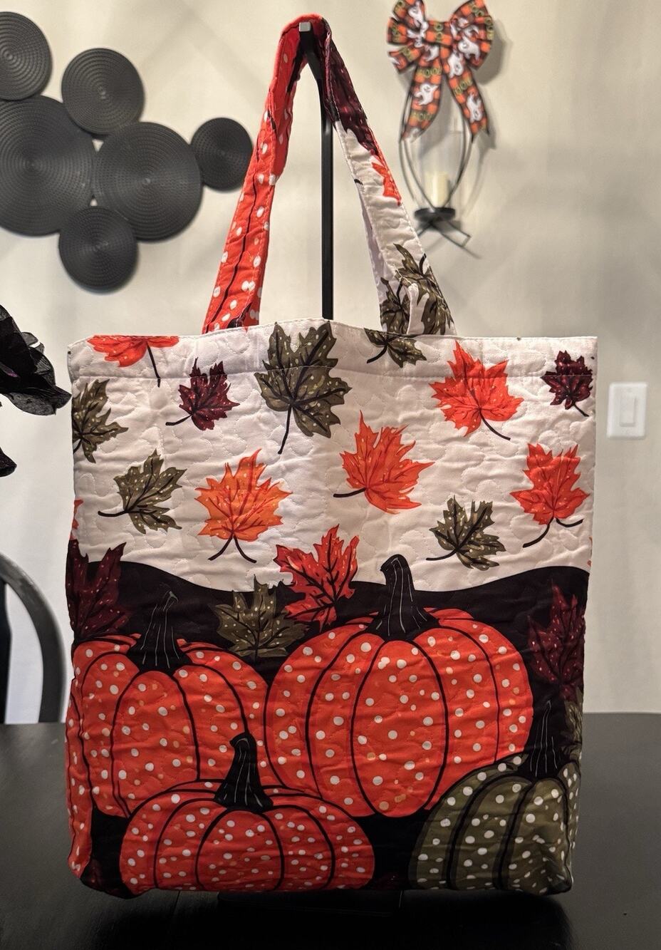 Quilted Autumn Tote Bag With Festive Pumpkin Patch And Leaf Pattern